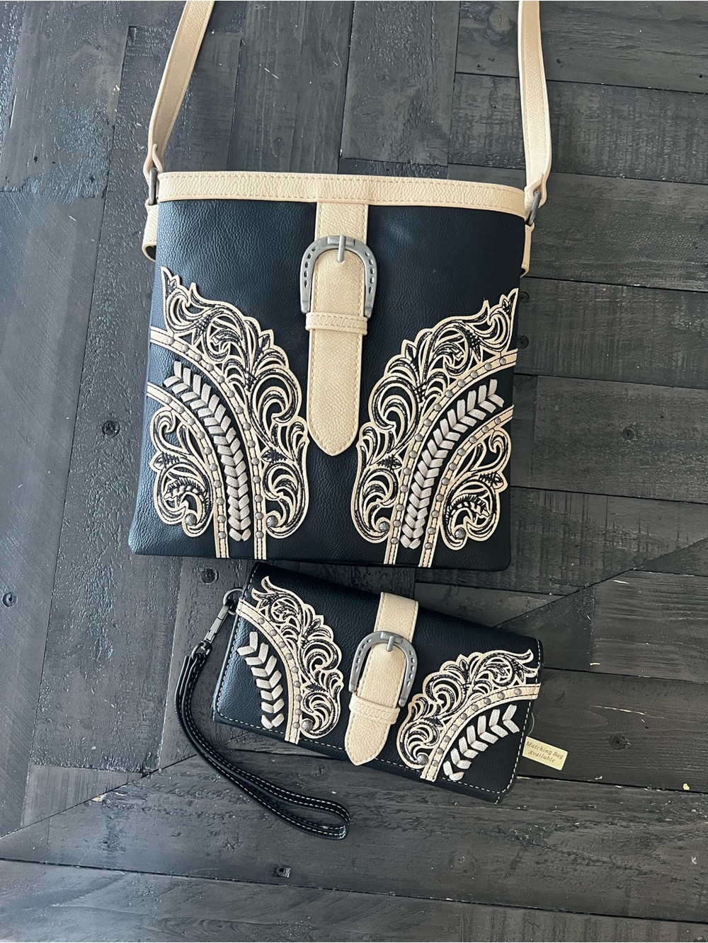 Montana West Black and Cream Embroidered Crossbody with Matching Wallet